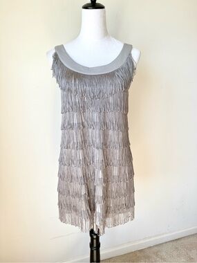 H&M Gray/Silver Sleeveless Scoop Neck Fringe Flapper Mini Dress—SZ. Small